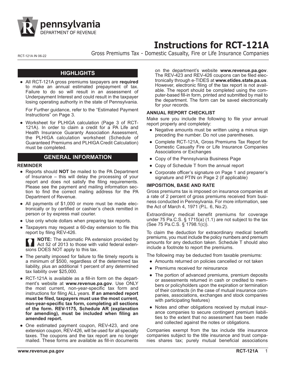 Form RCT-121A Gross Premiums Tax - Domestic Casualty, Fire or Life Insurance Companies - Pennsylvania, Page 5