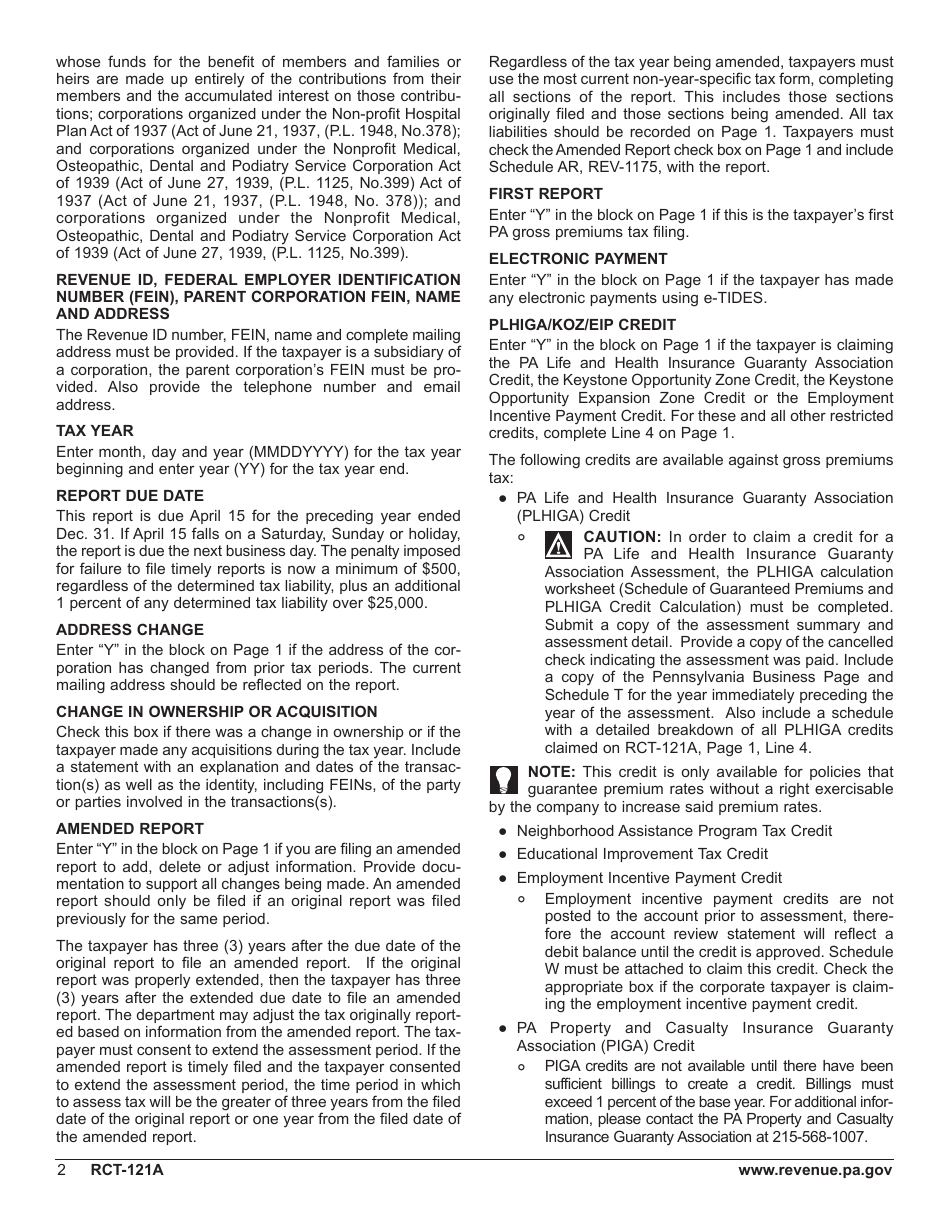 Form RCT-121A Gross Premiums Tax - Domestic Casualty, Fire or Life Insurance Companies - Pennsylvania, Page 6
