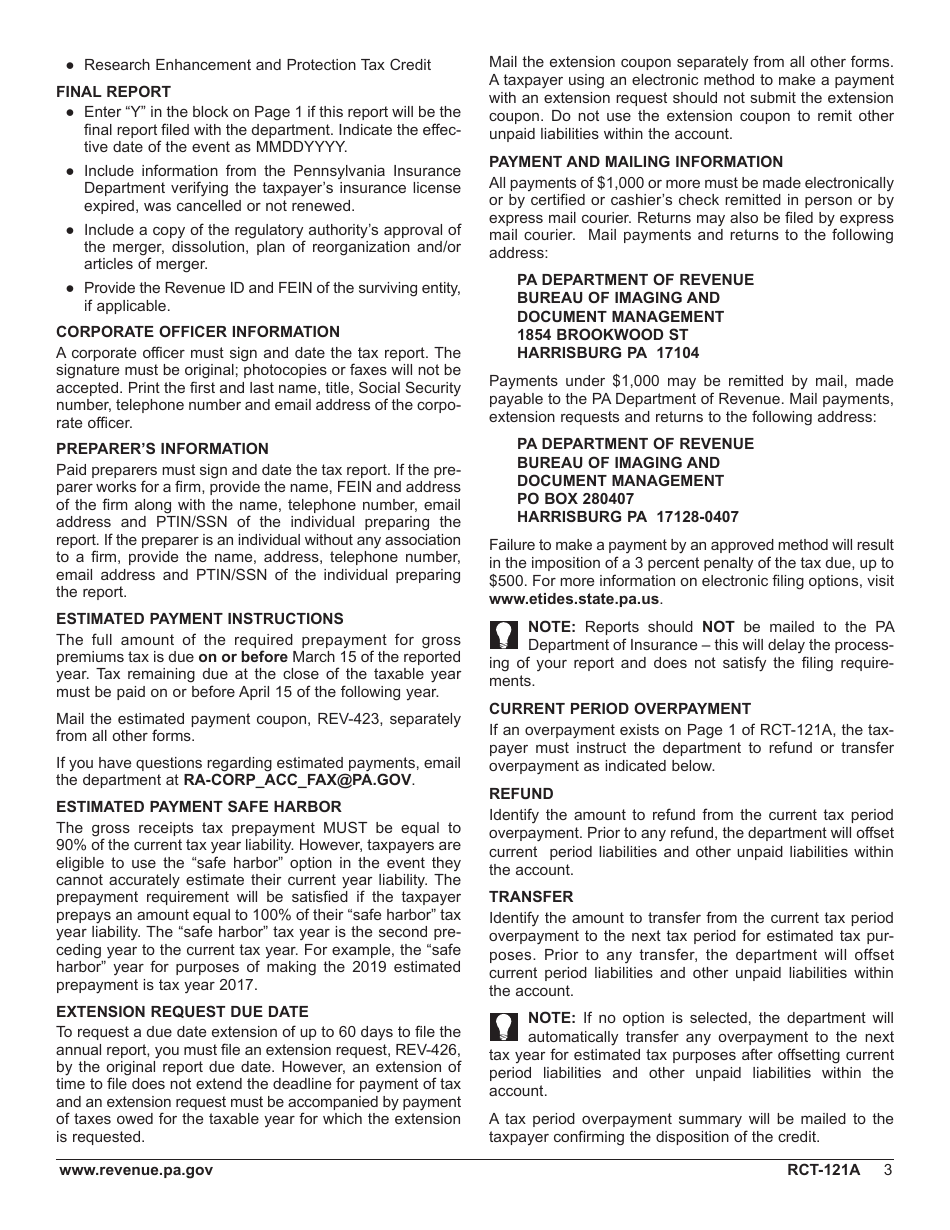 Form RCT-121A Gross Premiums Tax - Domestic Casualty, Fire or Life Insurance Companies - Pennsylvania, Page 7