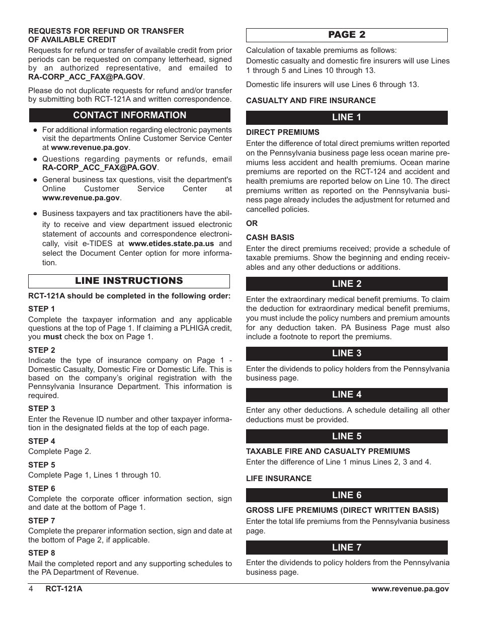 Form RCT-121A Gross Premiums Tax - Domestic Casualty, Fire or Life Insurance Companies - Pennsylvania, Page 8