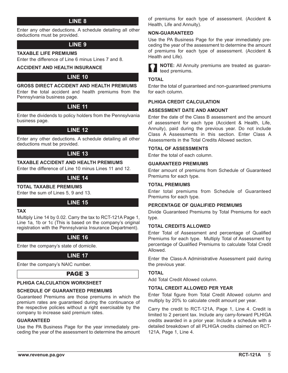 Form RCT-121A Gross Premiums Tax - Domestic Casualty, Fire or Life Insurance Companies - Pennsylvania, Page 9