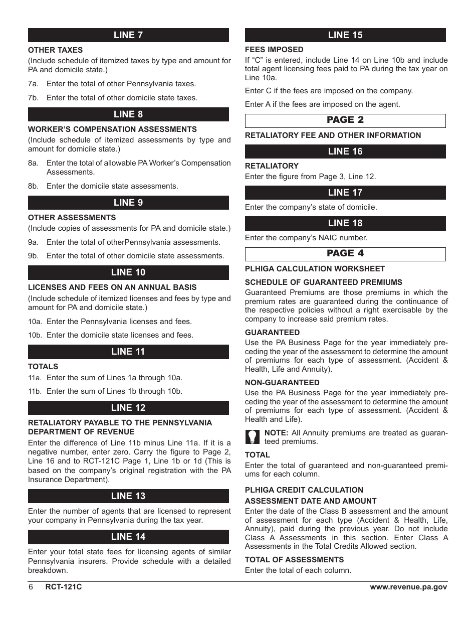 Form RCT-121C Gross Premiums Tax - Foreign Casualty or Foreign Fire Insurance Companies - Pennsylvania, Page 10