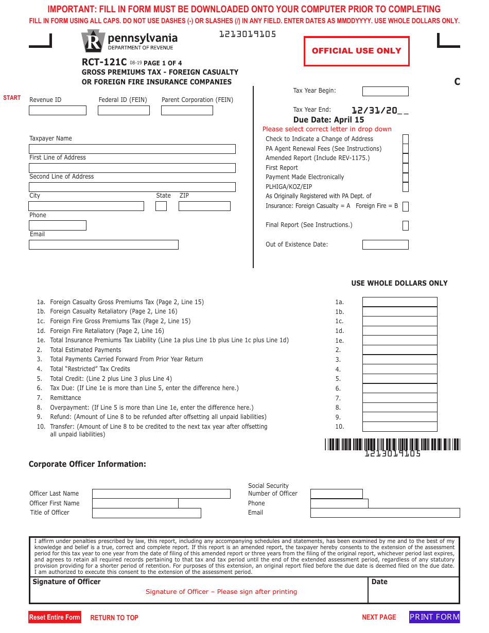 Form RCT-121C Gross Premiums Tax - Foreign Casualty or Foreign Fire Insurance Companies - Pennsylvania, Page 1