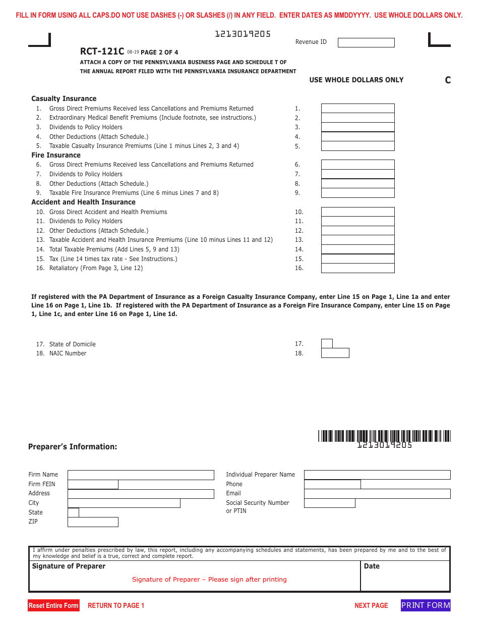 Form RCT-121C Gross Premiums Tax - Foreign Casualty or Foreign Fire Insurance Companies - Pennsylvania, Page 2