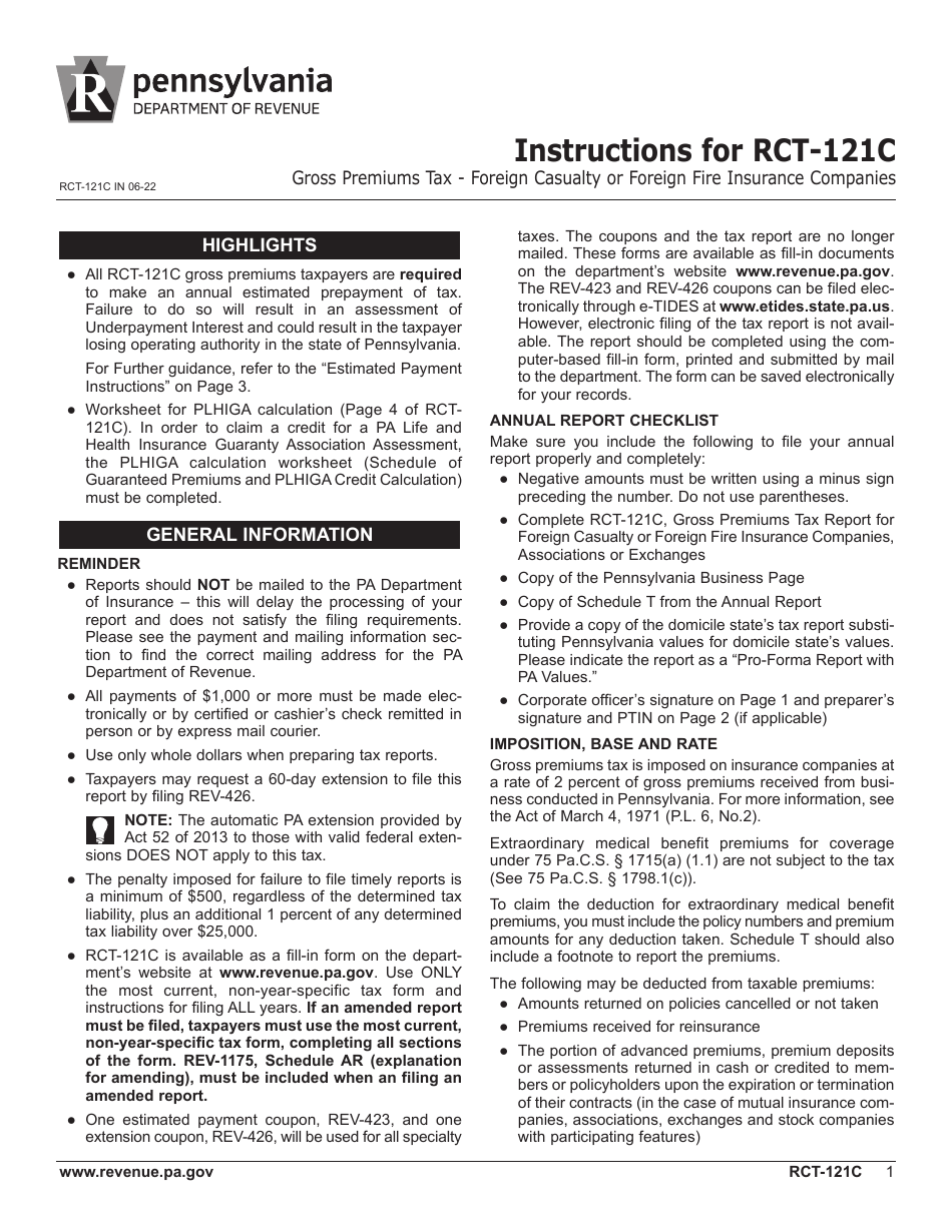 Form RCT-121C Gross Premiums Tax - Foreign Casualty or Foreign Fire Insurance Companies - Pennsylvania, Page 5