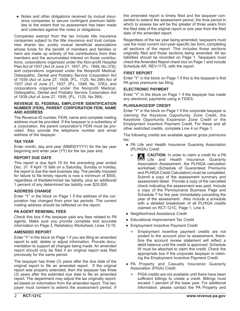 Form RCT-121C Gross Premiums Tax - Foreign Casualty or Foreign Fire Insurance Companies - Pennsylvania, Page 6