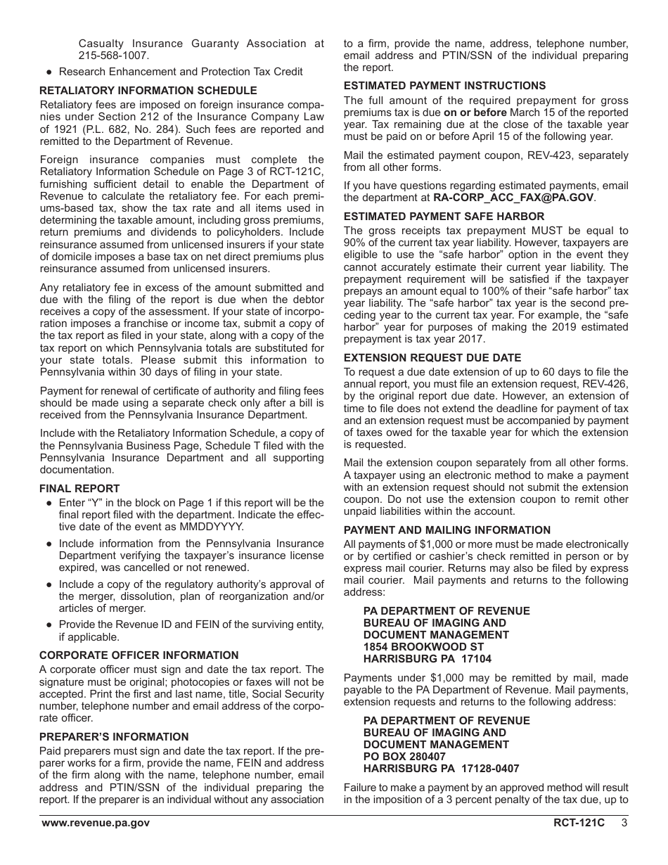 Form RCT-121C Gross Premiums Tax - Foreign Casualty or Foreign Fire Insurance Companies - Pennsylvania, Page 7