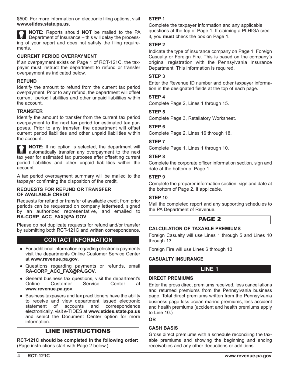 Form RCT-121C Gross Premiums Tax - Foreign Casualty or Foreign Fire Insurance Companies - Pennsylvania, Page 8