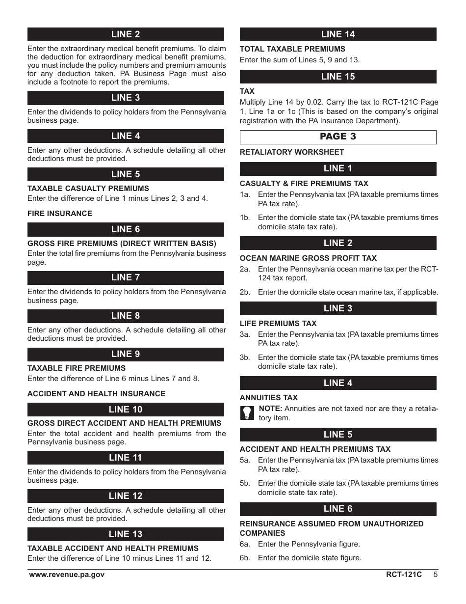 Form RCT-121C Gross Premiums Tax - Foreign Casualty or Foreign Fire Insurance Companies - Pennsylvania, Page 9