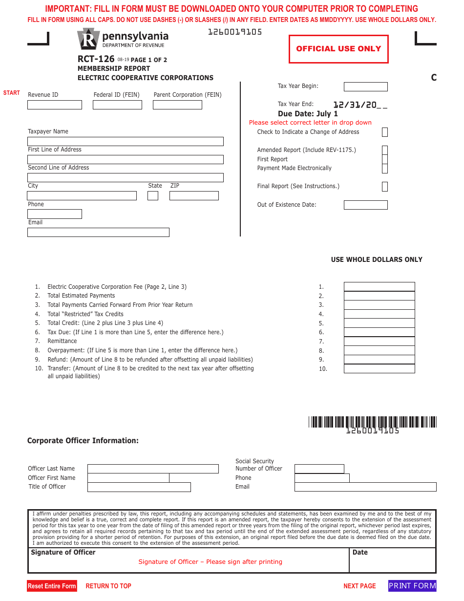 Form RCT-126 Membership Report - Electric Cooperative Corporations - Pennsylvania, Page 1