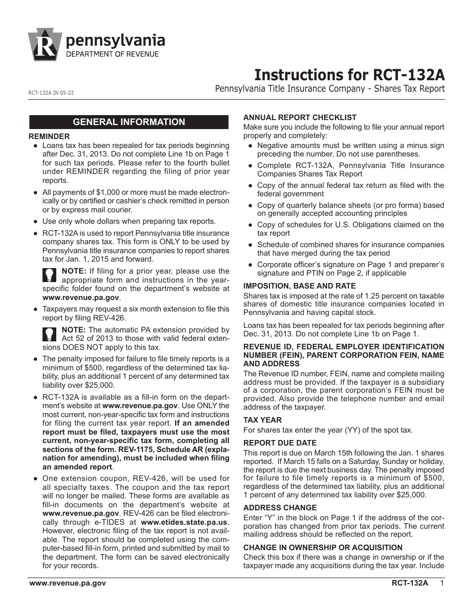 Form RCT-132A Pennsylvania Title Insurance Company Shares Tax Report - Pennsylvania, Page 5