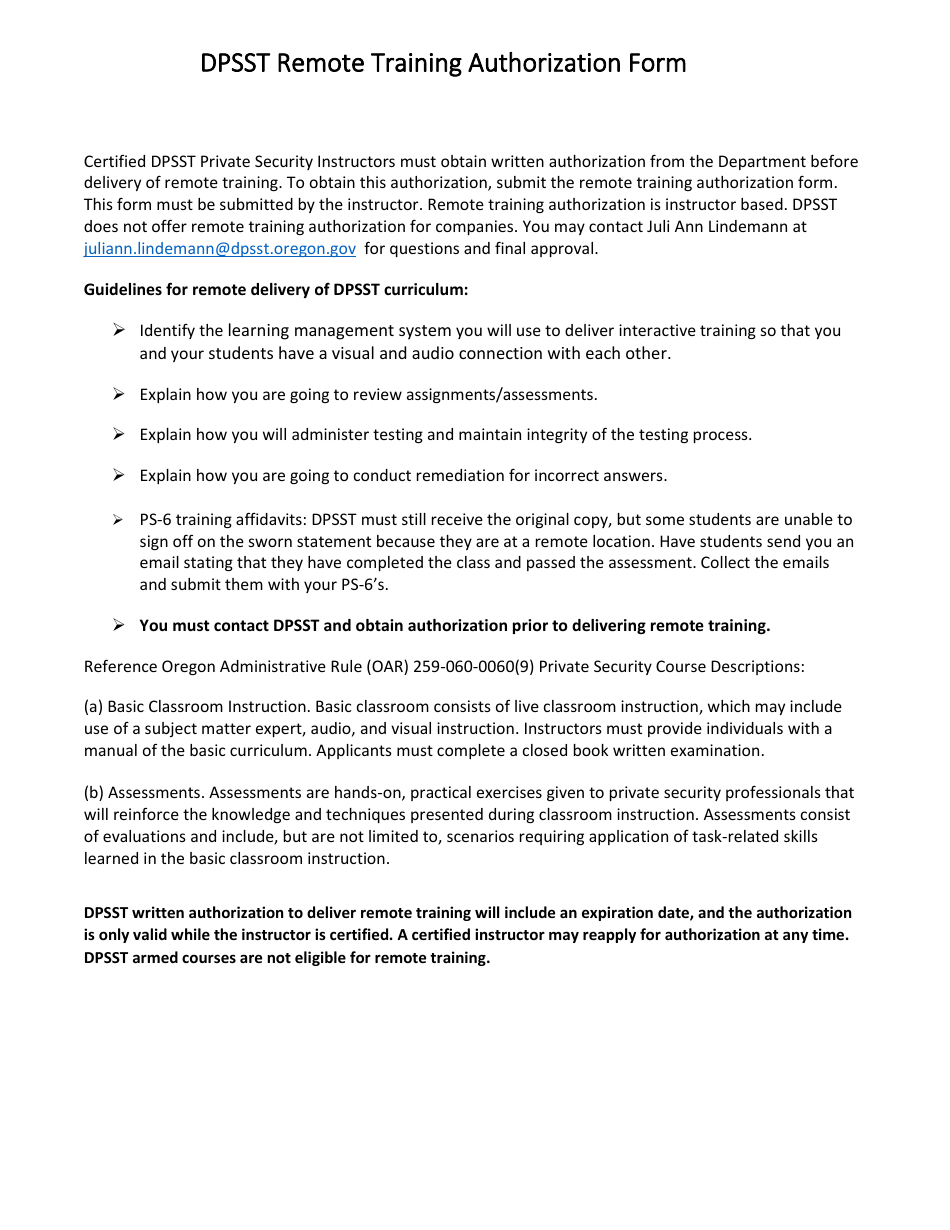 Dpsst Remote Training Authorization Form - Oregon, Page 1