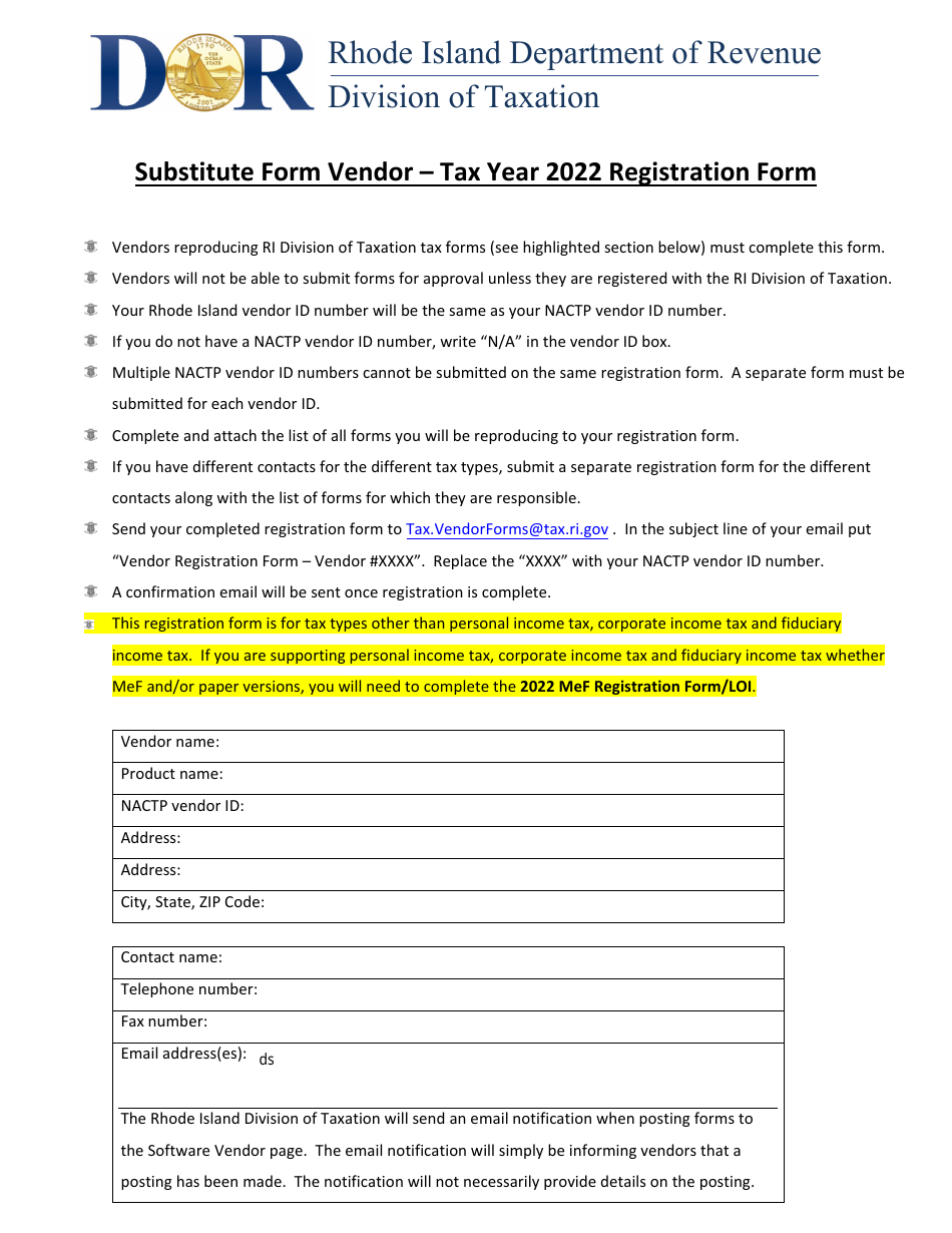 Substitute Form Vendor Registration Form - Rhode Island, Page 1
