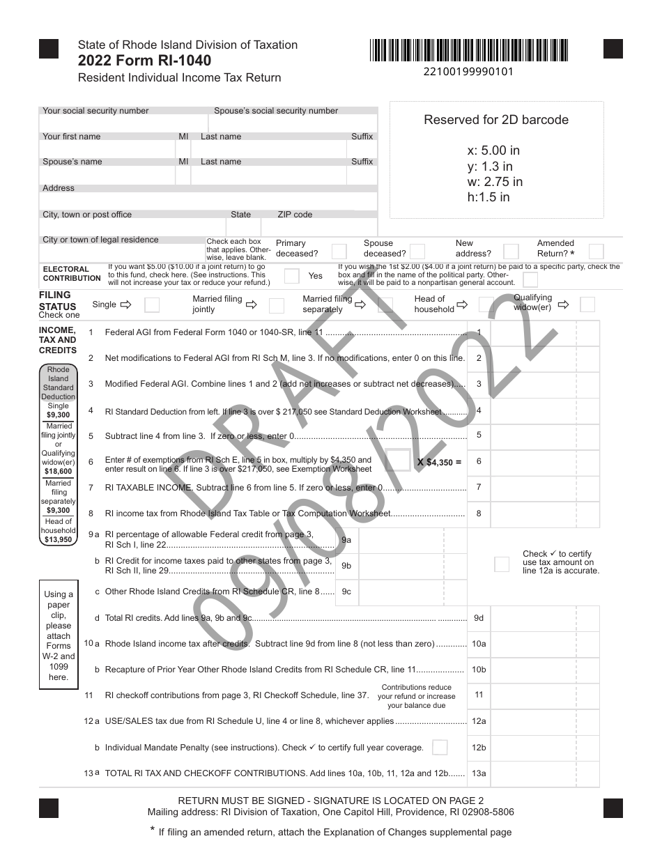 Form RI-1040 Resident Individual Income Tax Return - Draft - Rhode Island, Page 1