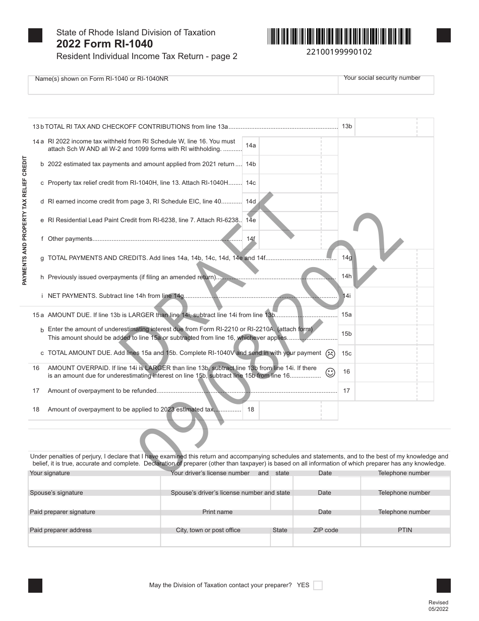 Form RI-1040 Resident Individual Income Tax Return - Draft - Rhode Island, Page 2