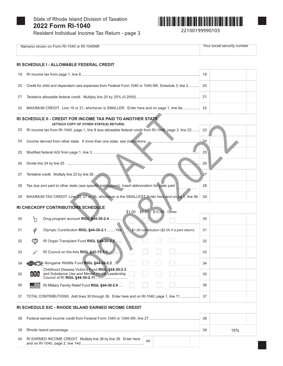 Form RI-1040 Resident Individual Income Tax Return - Draft - Rhode Island, Page 3