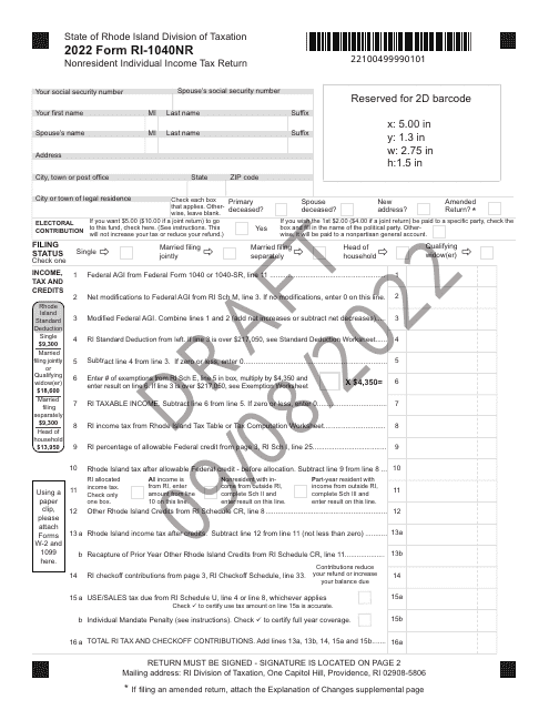 Form RI-1040NR 2022 Printable Pdf