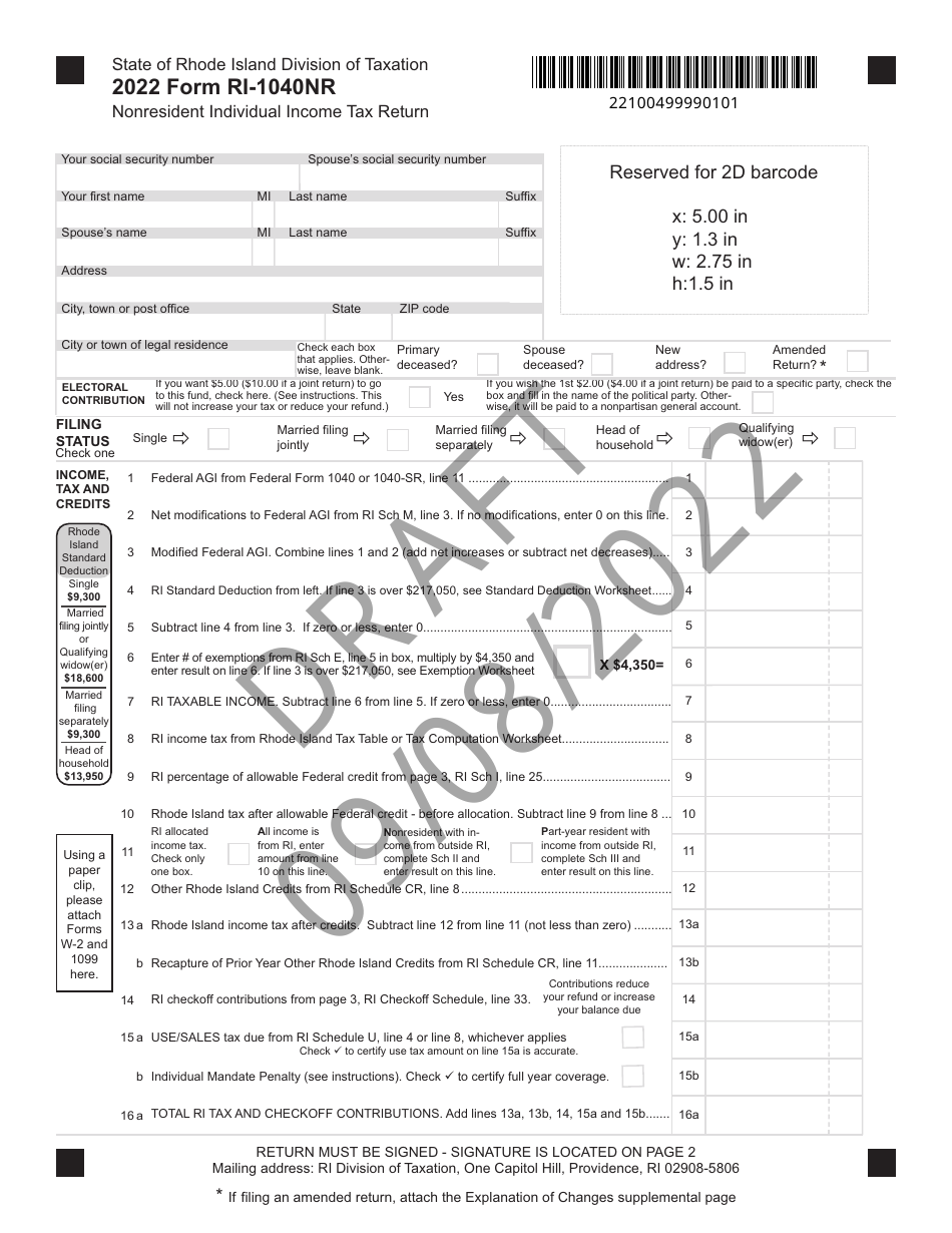 Form RI-1040NR Nonresident Individual Income Tax Return - Draft - Rhode Island, Page 1