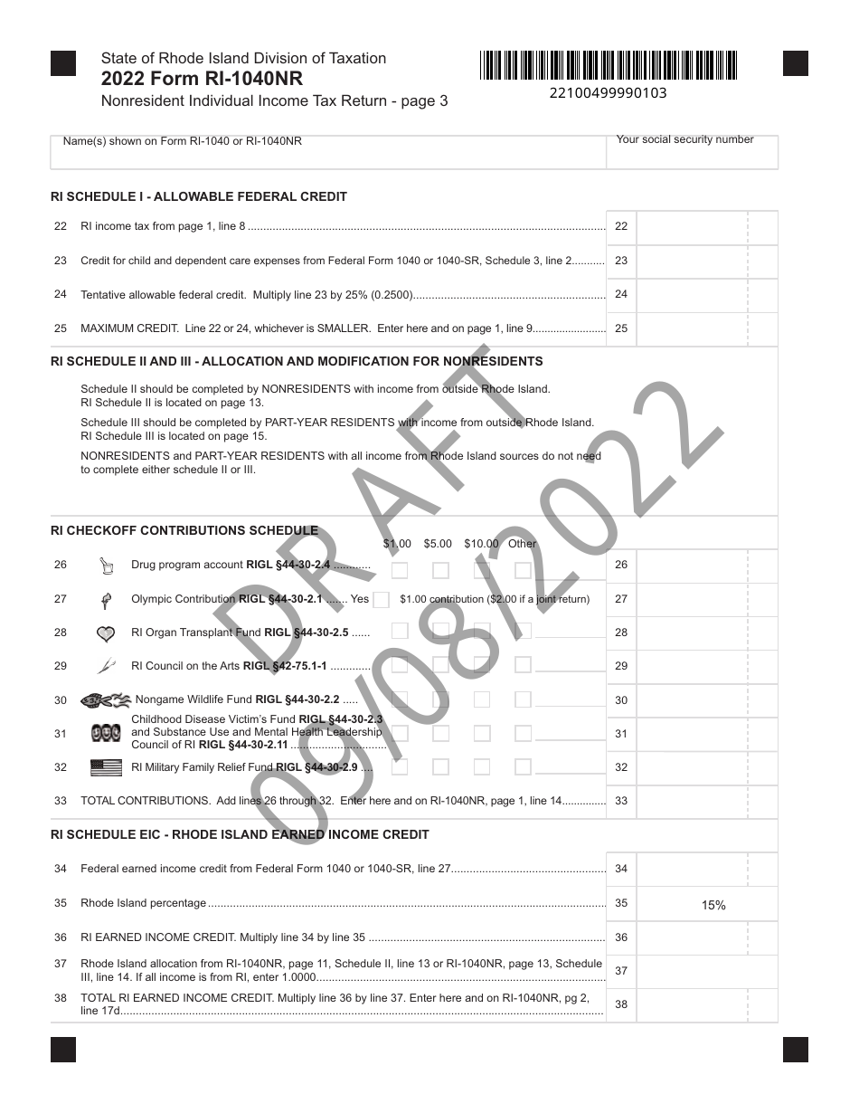Form RI-1040NR Nonresident Individual Income Tax Return - Draft - Rhode Island, Page 3