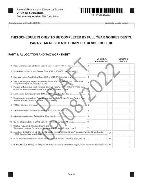 Form RI-1040NR Schedule II 2022 Printable Pdf