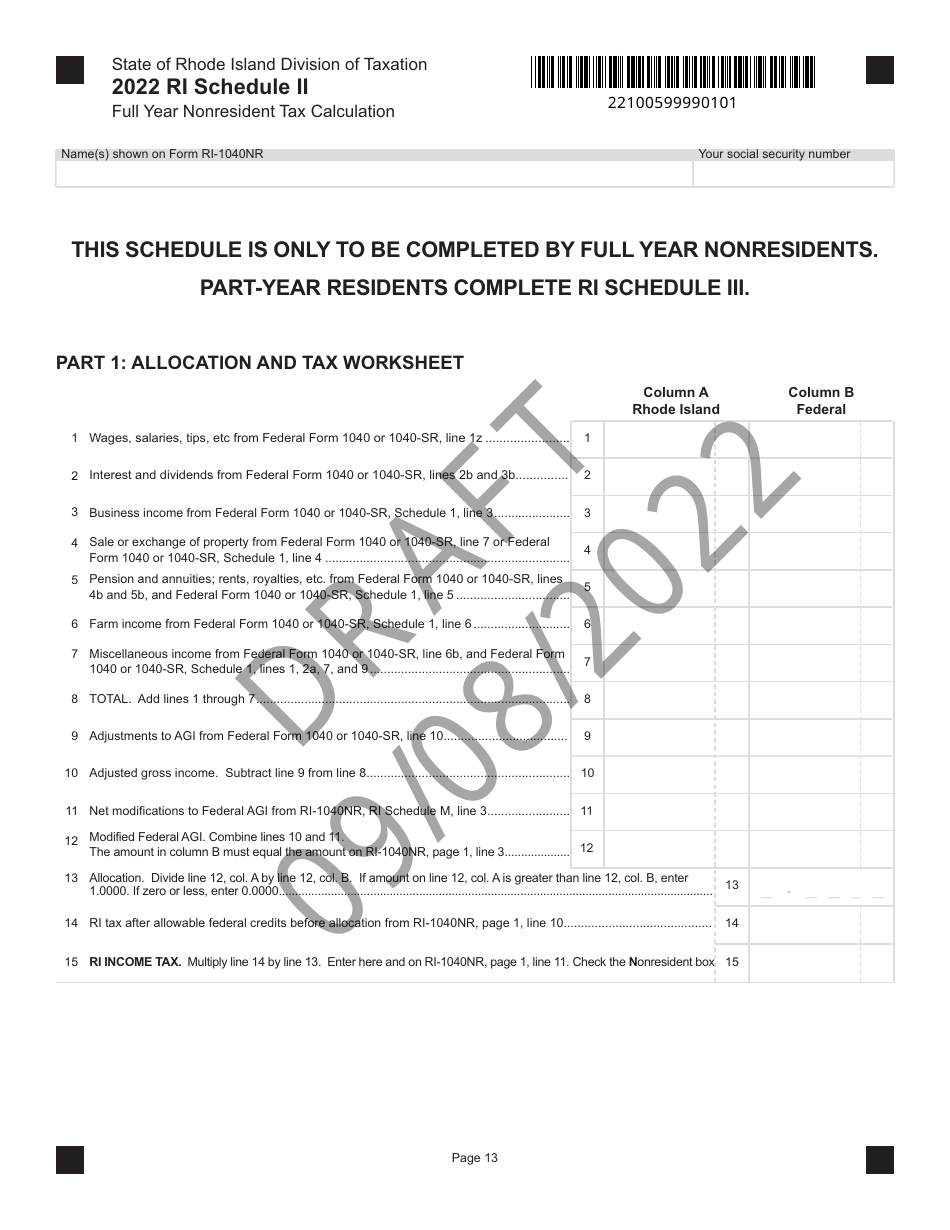 Form RI-1040NR Schedule II Full Year Nonresident Tax Calculation - Draft - Rhode Island, Page 1