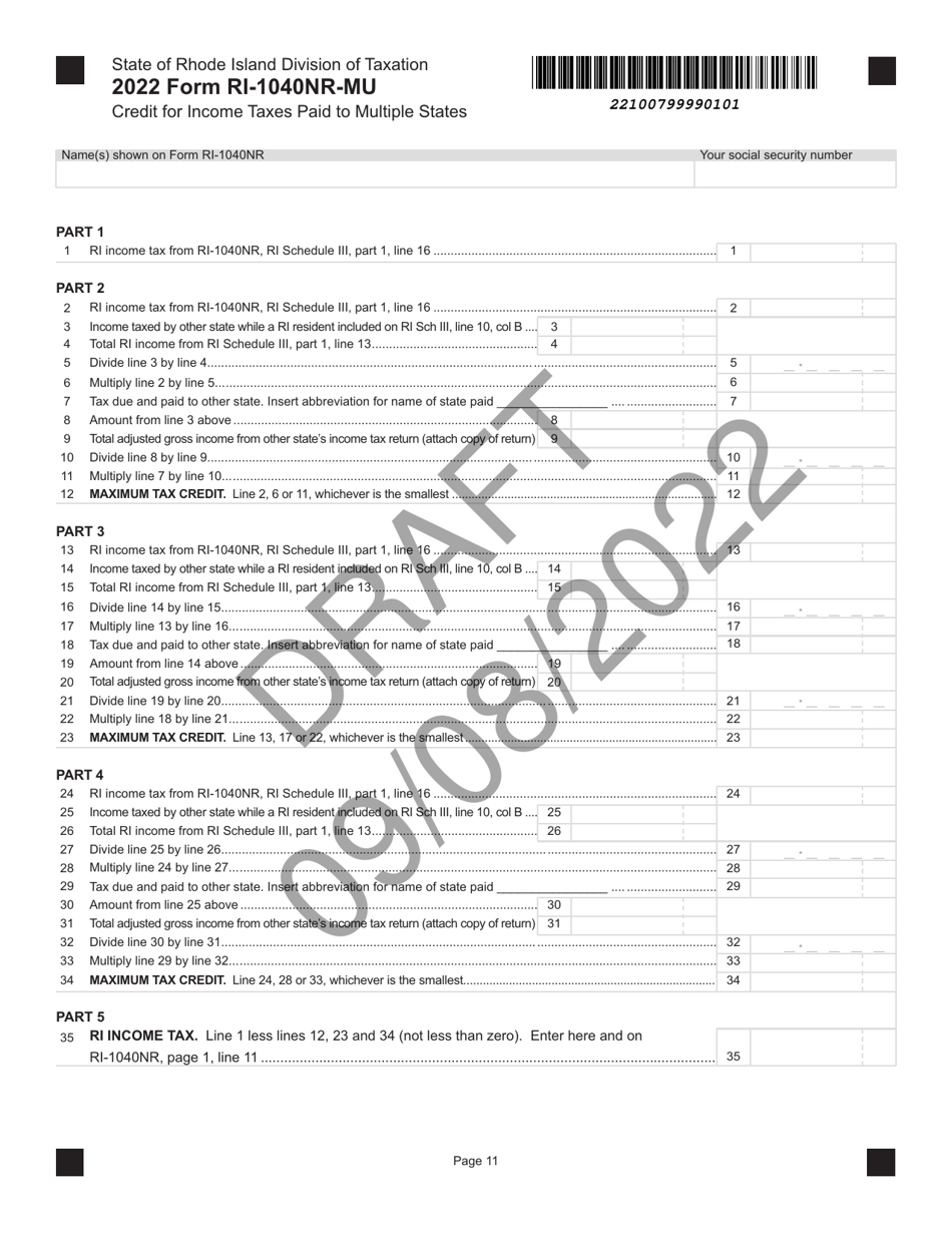 Form RI-1040NR-MU Credit for Income Taxes Paid to Multiple States - Draft - Rhode Island, Page 1
