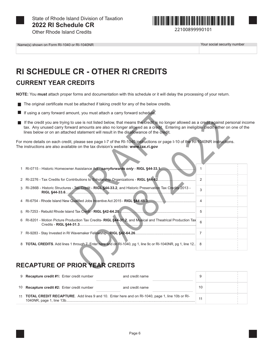 Schedule CR Other Rhode Island Credits - Draft - Rhode Island, Page 1