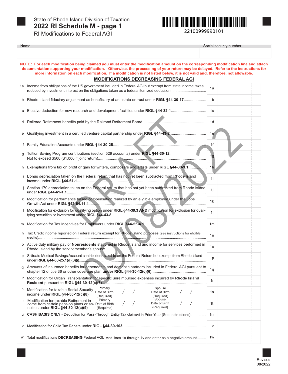 Schedule M Ri(modifications to Federal Agi - Draft - Rhode Island, Page 1