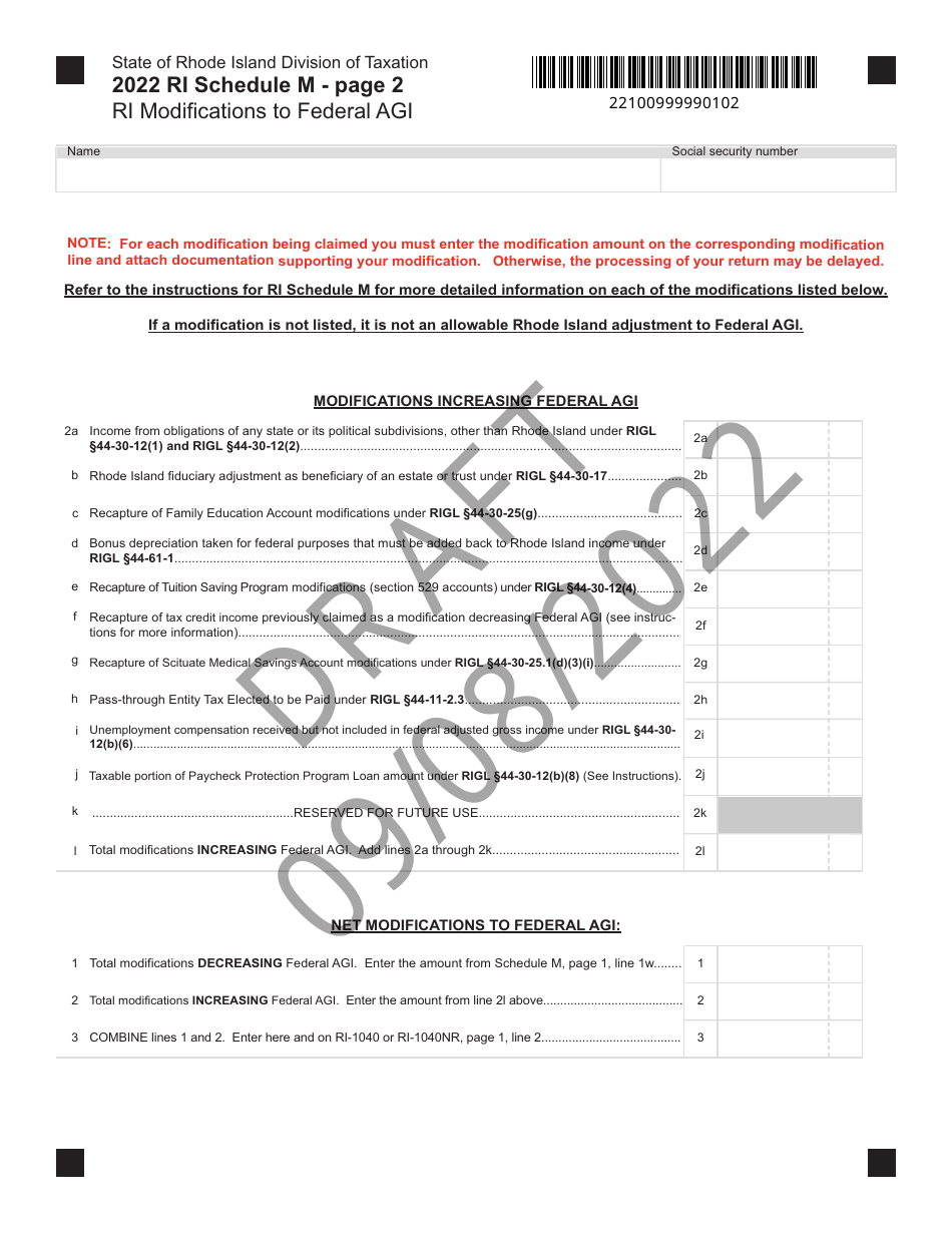 Schedule M Ri(modifications to Federal Agi - Draft - Rhode Island, Page 2
