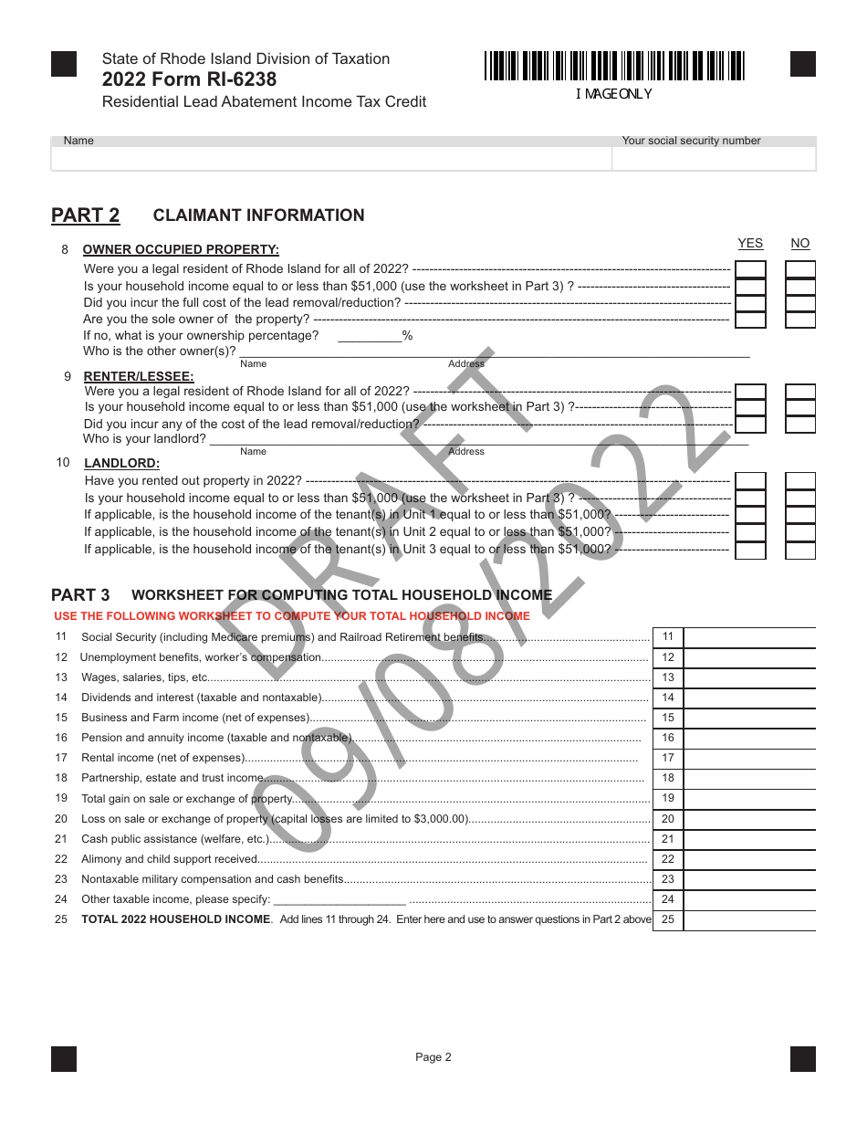 Form RI-6238 Residential Lead Abatement Income Tax Credit - Draft - Rhode Island, Page 2