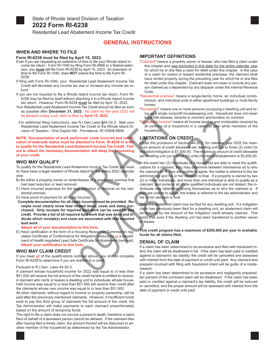 Form RI-6238 Residential Lead Abatement Income Tax Credit - Draft - Rhode Island, Page 3
