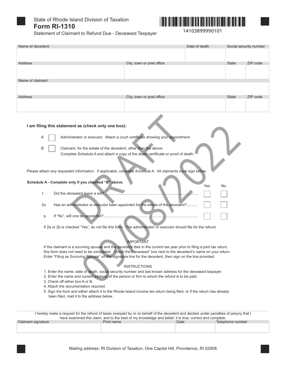 Form RI-1310 Statement of Claimant to Refund Due - Deceased Taxpayer - Draft - Rhode Island, Page 1
