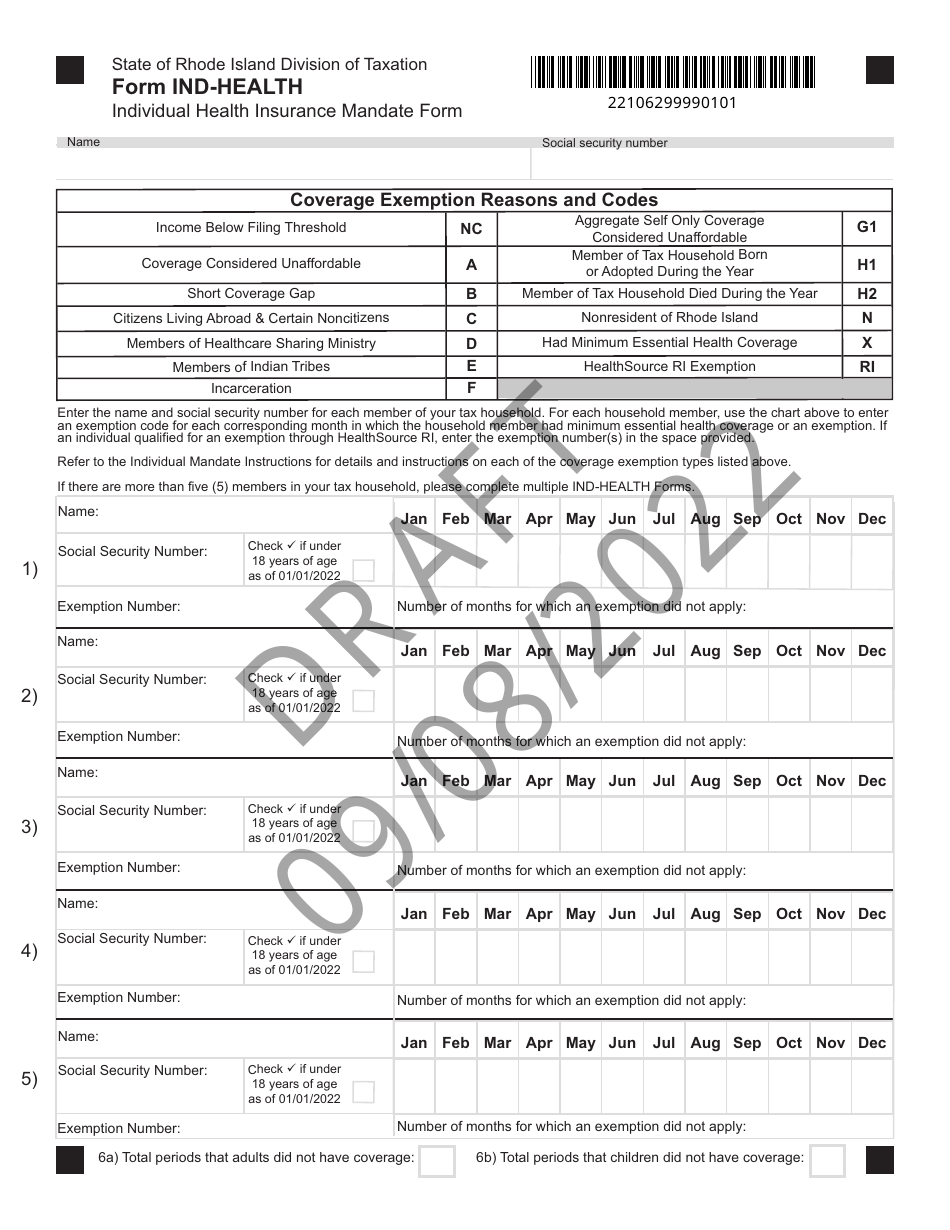 Form IND-HEALTH Individual Health Insurance Mandate Form - Draft - Rhode Island, Page 1