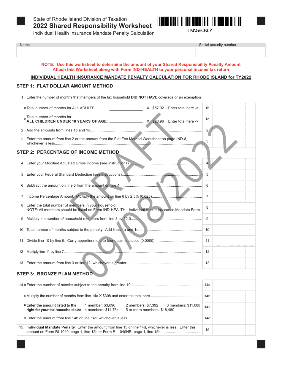 Shared Responsibility Worksheet - Individual Health Insurance Mandate Penalty Calculation - Draft - Rhode Island, Page 1
