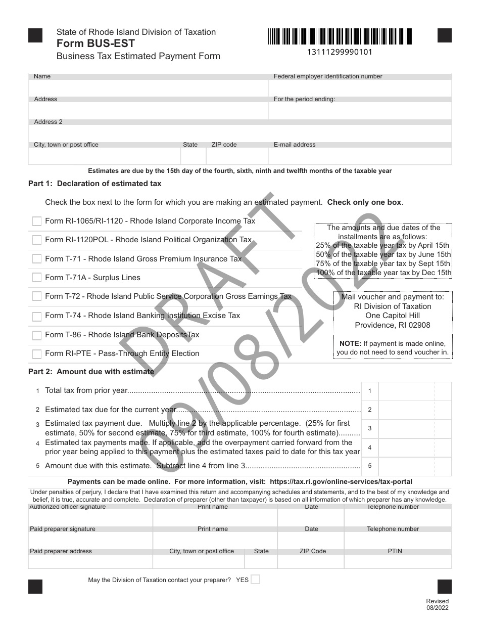 Form BUS-EST Business Tax Estimated Payment Form - Draft - Rhode Island, Page 1