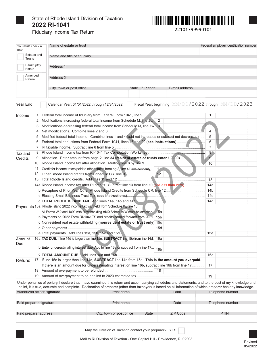 Form RI-1041 Fiduciary Income Tax Return - Draft - Rhode Island, Page 1