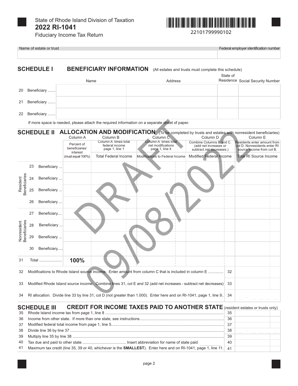 Form RI-1041 Fiduciary Income Tax Return - Draft - Rhode Island, Page 2