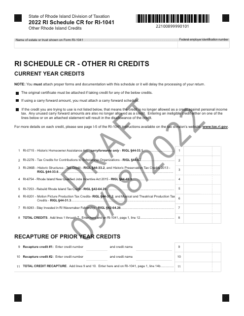 Form RI-1041 Schedule CR 2022 Printable Pdf