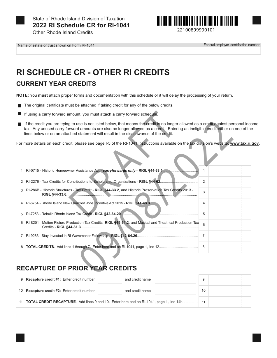 Form RI-1041 Schedule CR Other Rhode Island Credits - Draft - Rhode Island, Page 1