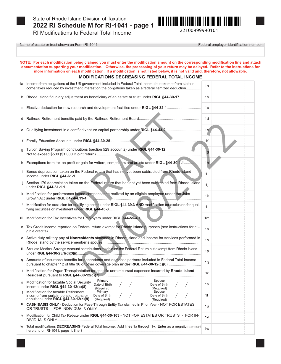 Form RI-1041 Schedule M Ri(modifications to Federal Total Income - Draft - Rhode Island, Page 1
