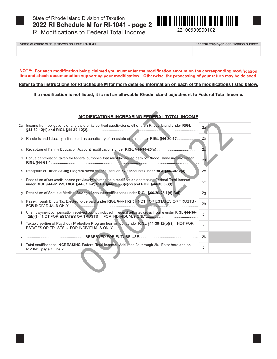 Form RI-1041 Schedule M Ri(modifications to Federal Total Income - Draft - Rhode Island, Page 2
