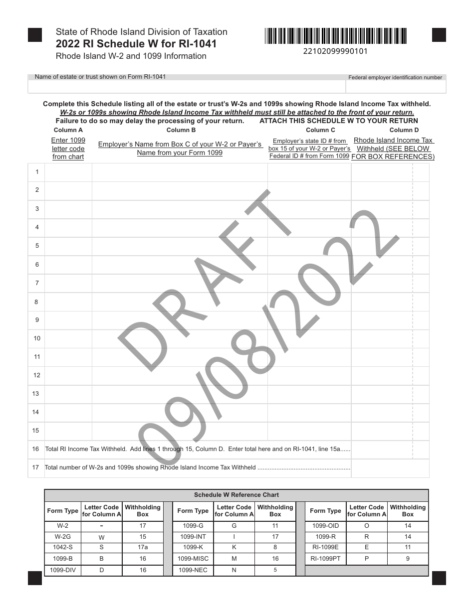 Form RI-1041 Schedule W Rhode Island W-2 and 1099 Information - Draft - Rhode Island, Page 1