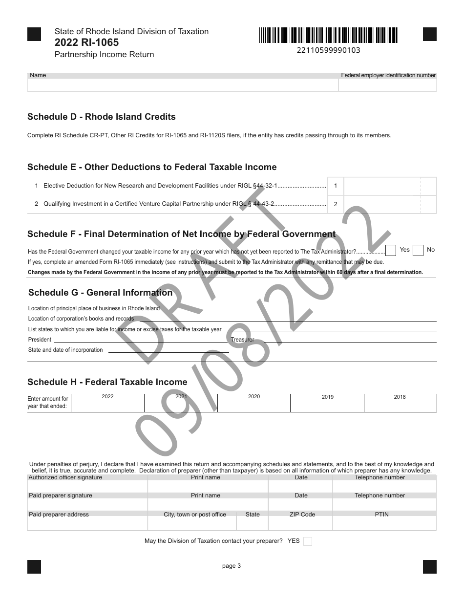 Form RI-1065 Partnership Income Return - Draft - Rhode Island, Page 3