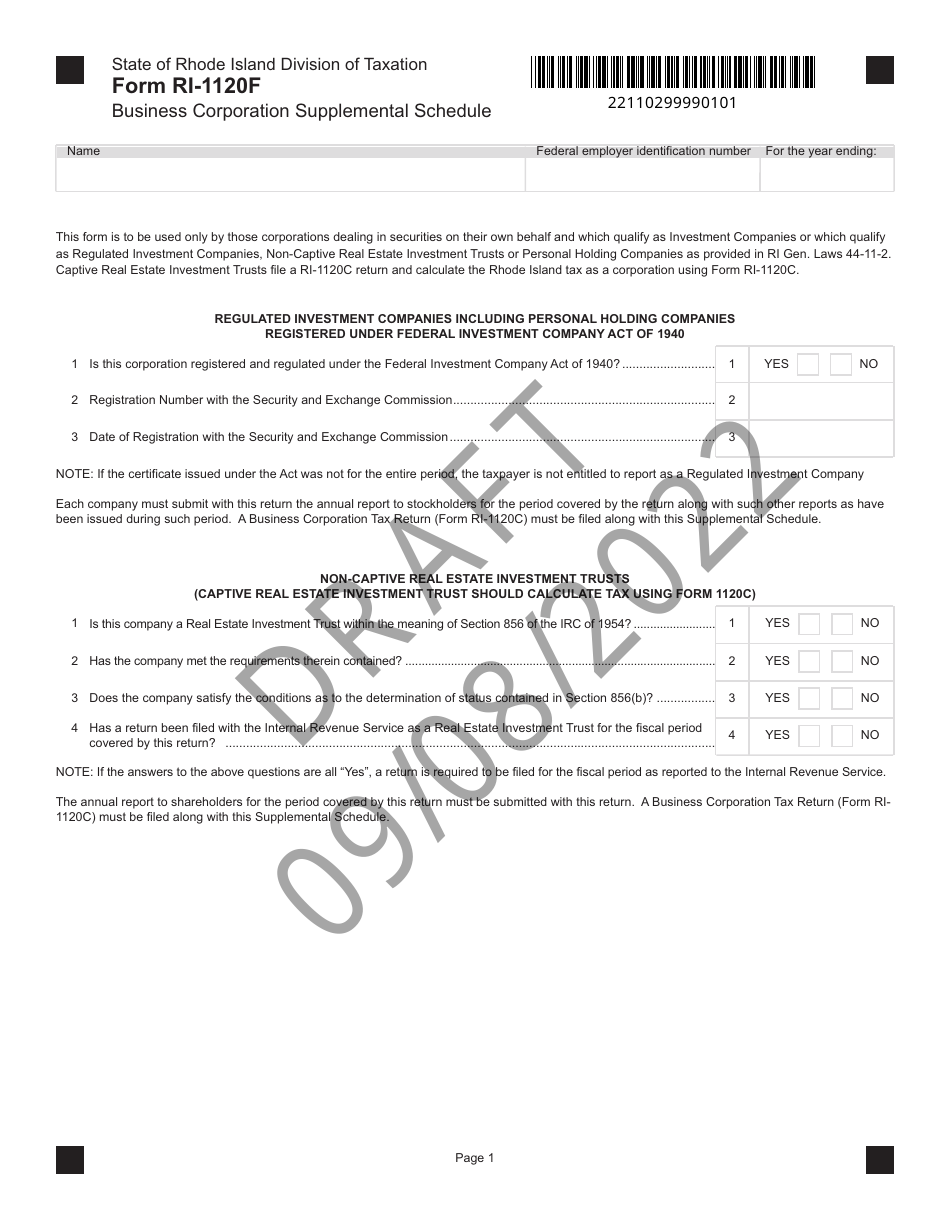 Form RI-1120F Business Corporation Supplemental Schedule - Draft - Rhode Island, Page 1