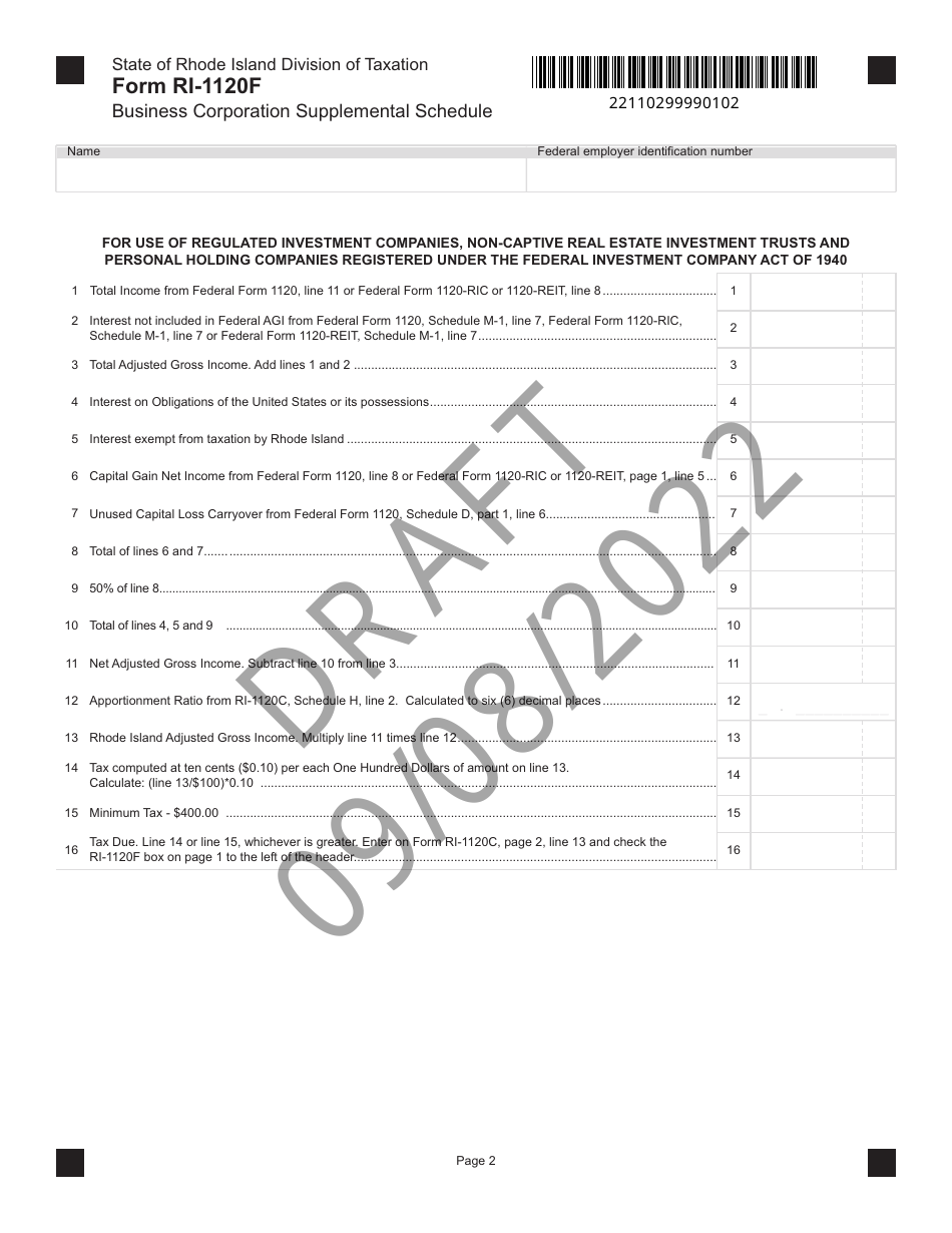 Form RI-1120F Business Corporation Supplemental Schedule - Draft - Rhode Island, Page 2