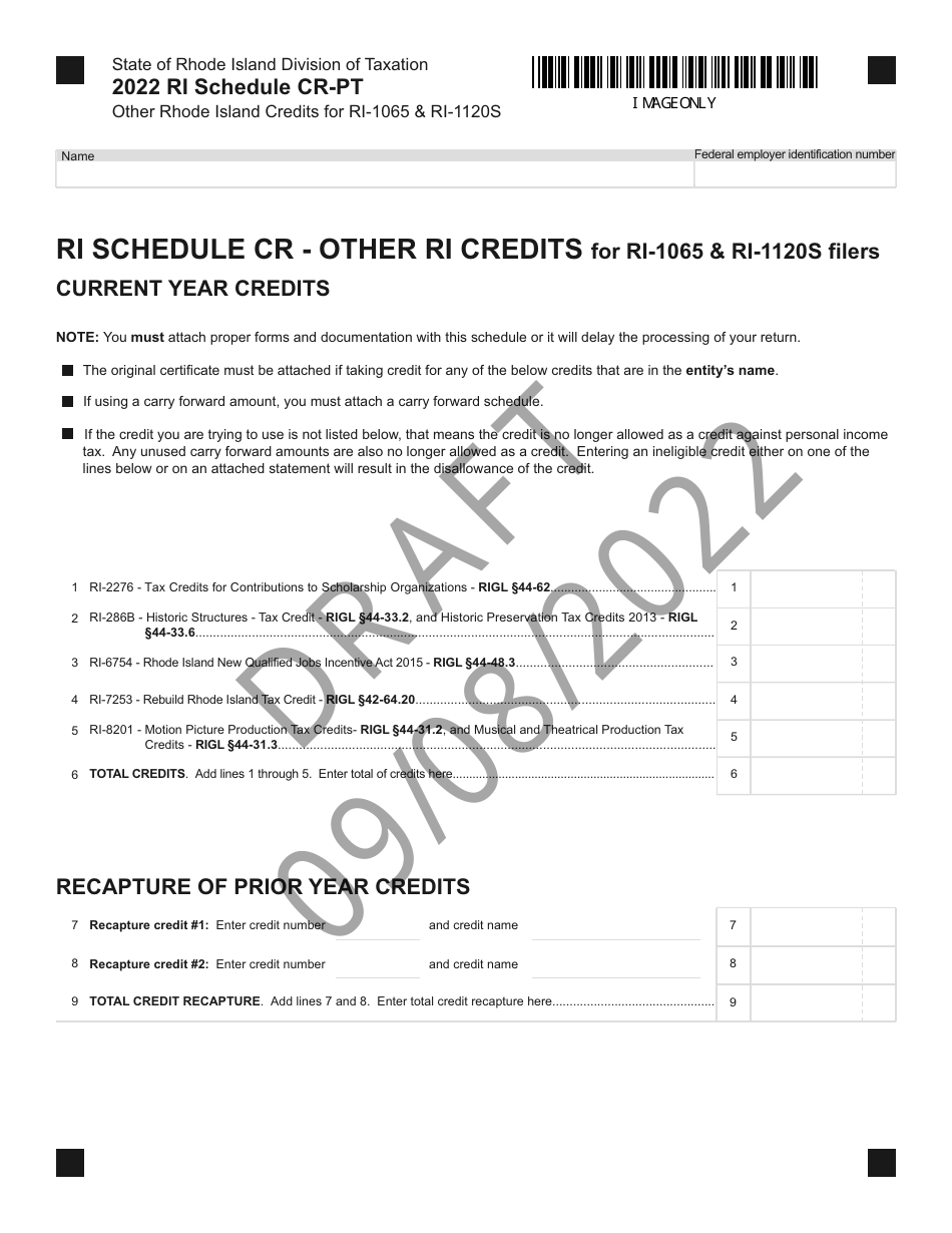 Schedule CR-PT Other Rhode Island Credits for Ri-1065  Ri-1120s Filers - Draft - Rhode Island, Page 1