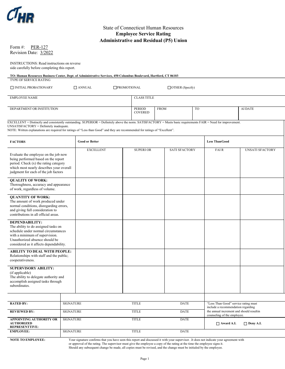 Form PER-127 Employee Service Rating Administrative and Residual (P5) Union - Connecticut, Page 1
