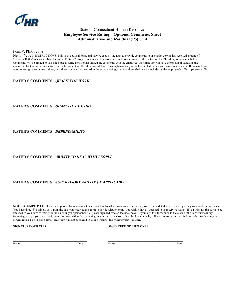 Form PER-127-A Employee Service Rating - Optional Comments Sheet Administrative and Residual (P5) Unit - Connecticut, Page 1