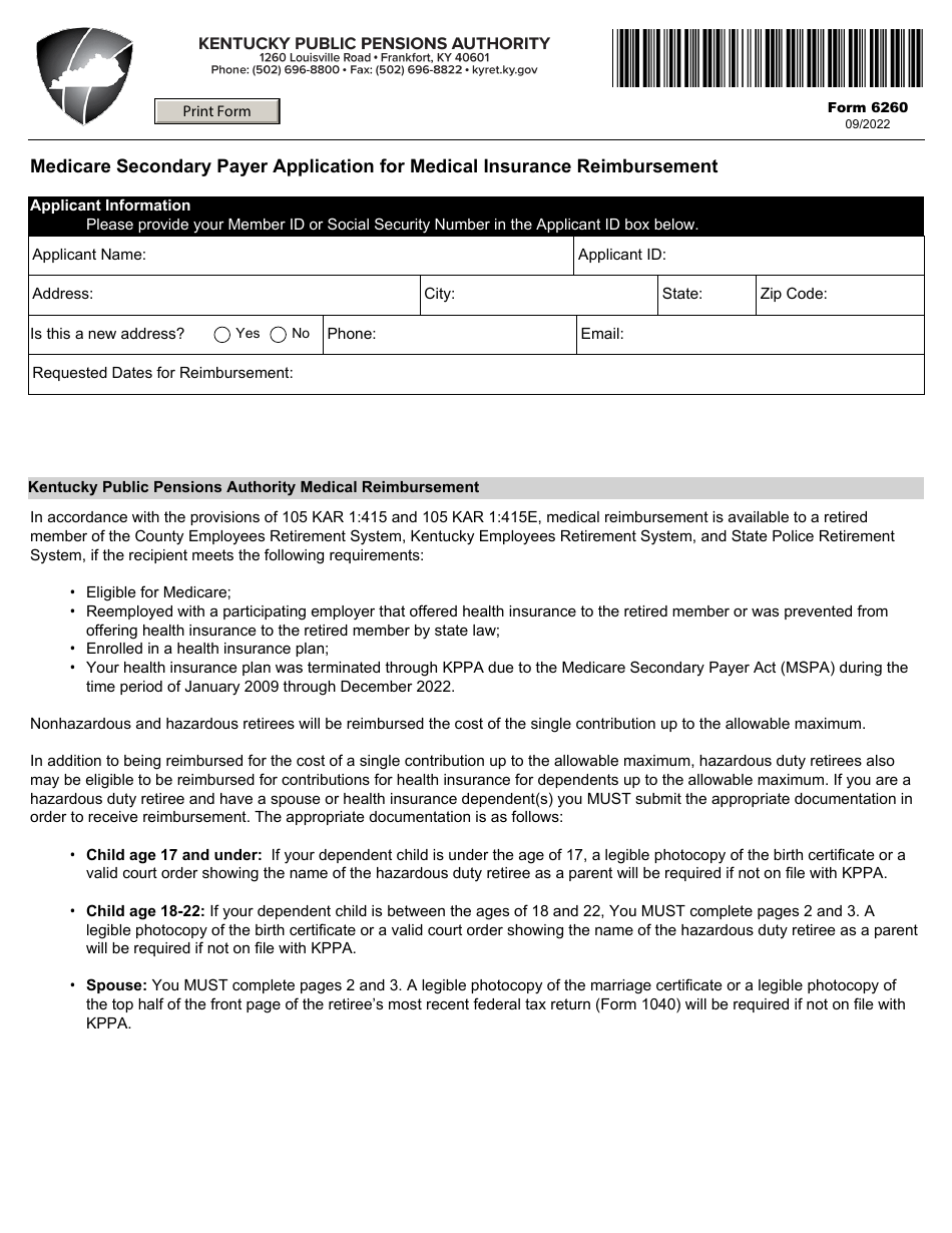 Form 6260 Medicare Secondary Payer Application for Medical Insurance Reimbursement - Kentucky, Page 1