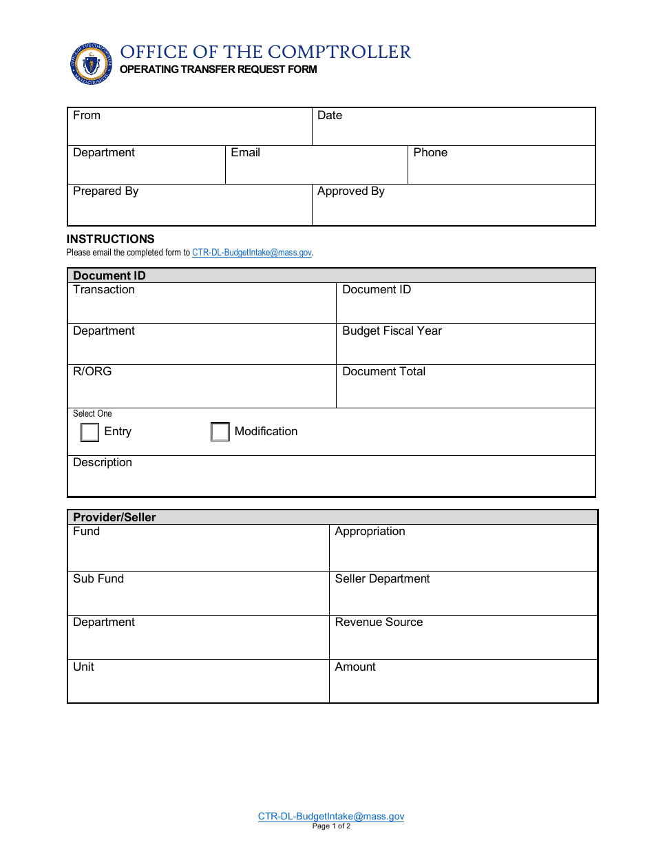 Operating Transfer Request Form - Massachusetts, Page 1
